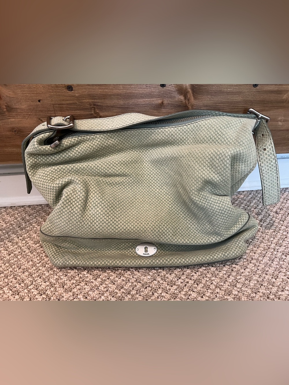 Fossil Light Mint Green Textured Leather Shoulder Bag